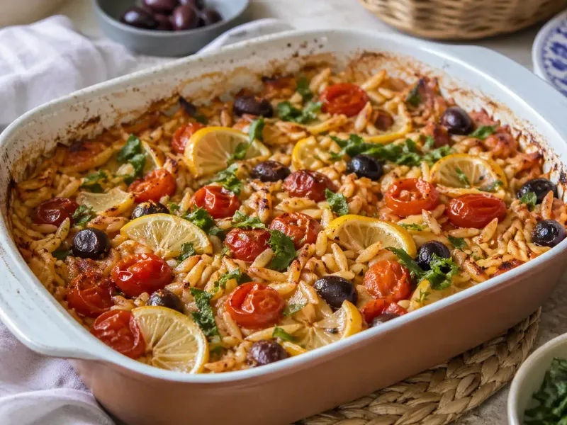 Mediterranean Chicken Orzo Bake
