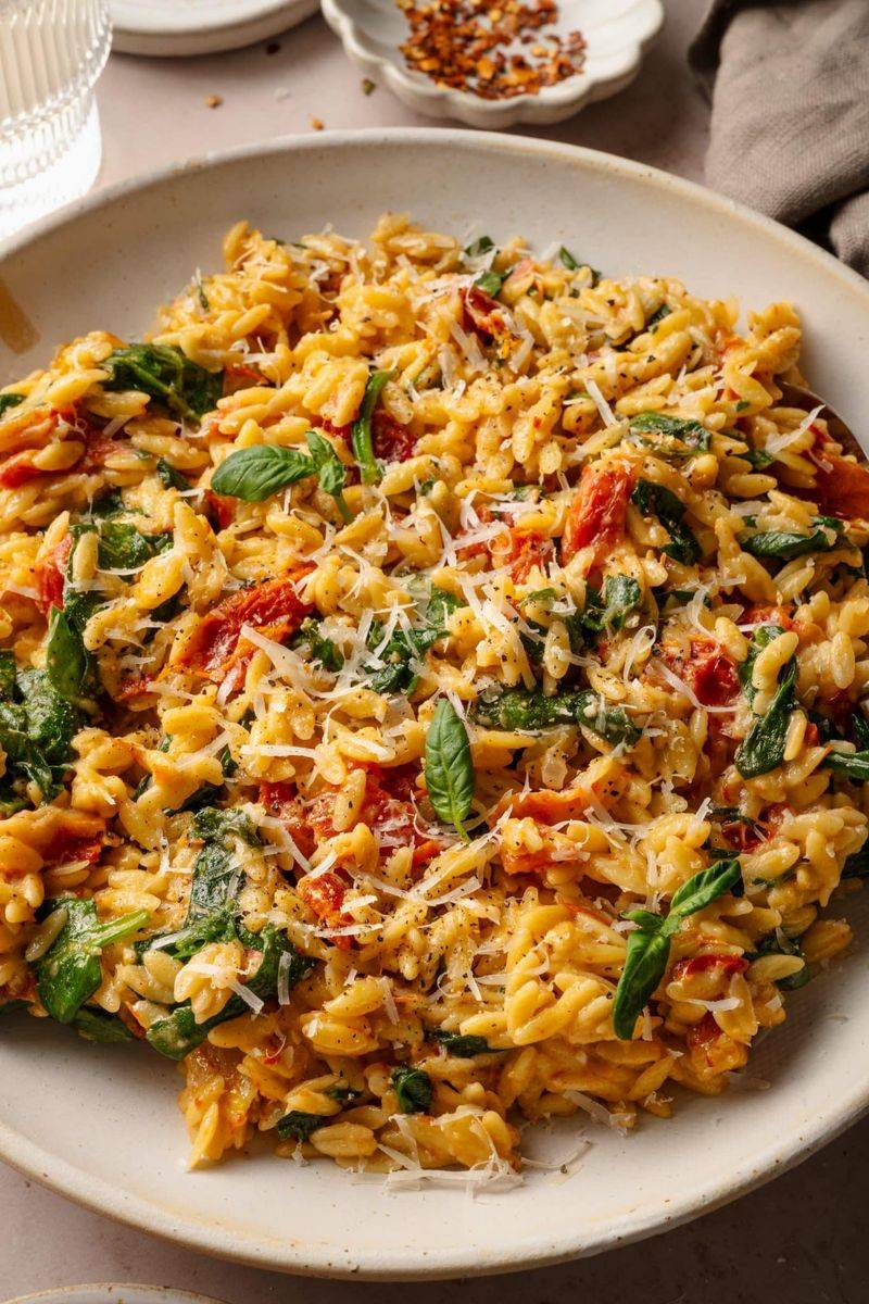Creamy Spinach Orzo with Sun-Dried Tomatoes