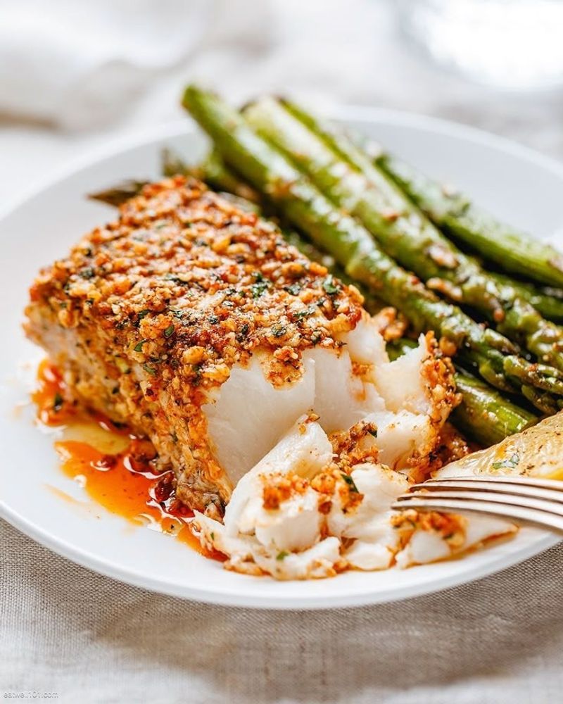 Baked Cod with Herb Crust and Steamed Asparagus