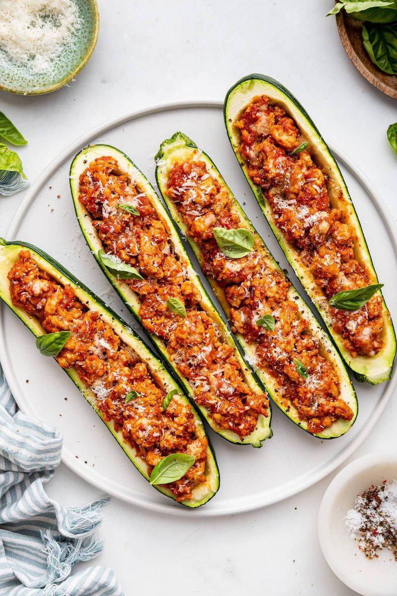 Turkey Mince Stuffed Zucchini Boats