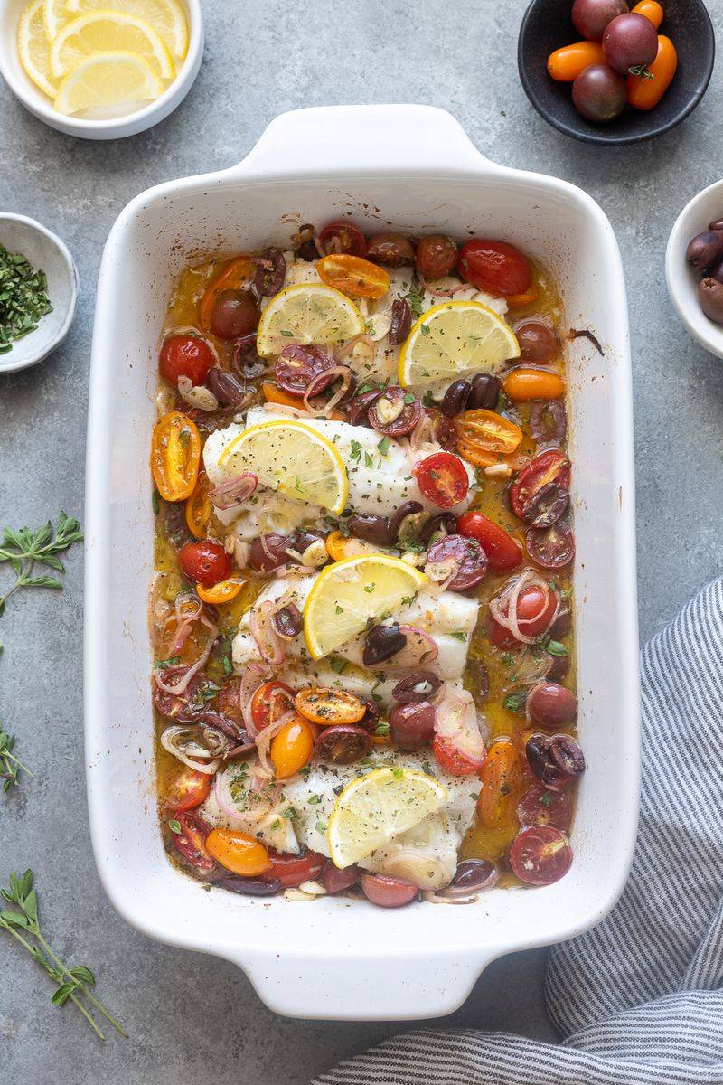 Baked Cod with Capers, Olives, and Diced Tomatoes