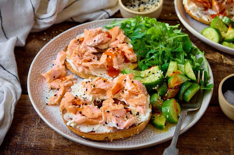 Baked Salmon and Cucumber Cream Cheese Bagel