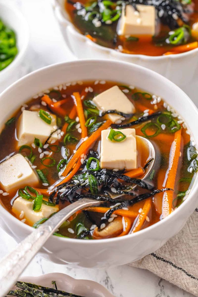 Savory Miso Soup With Soft Tofu and Mushrooms
