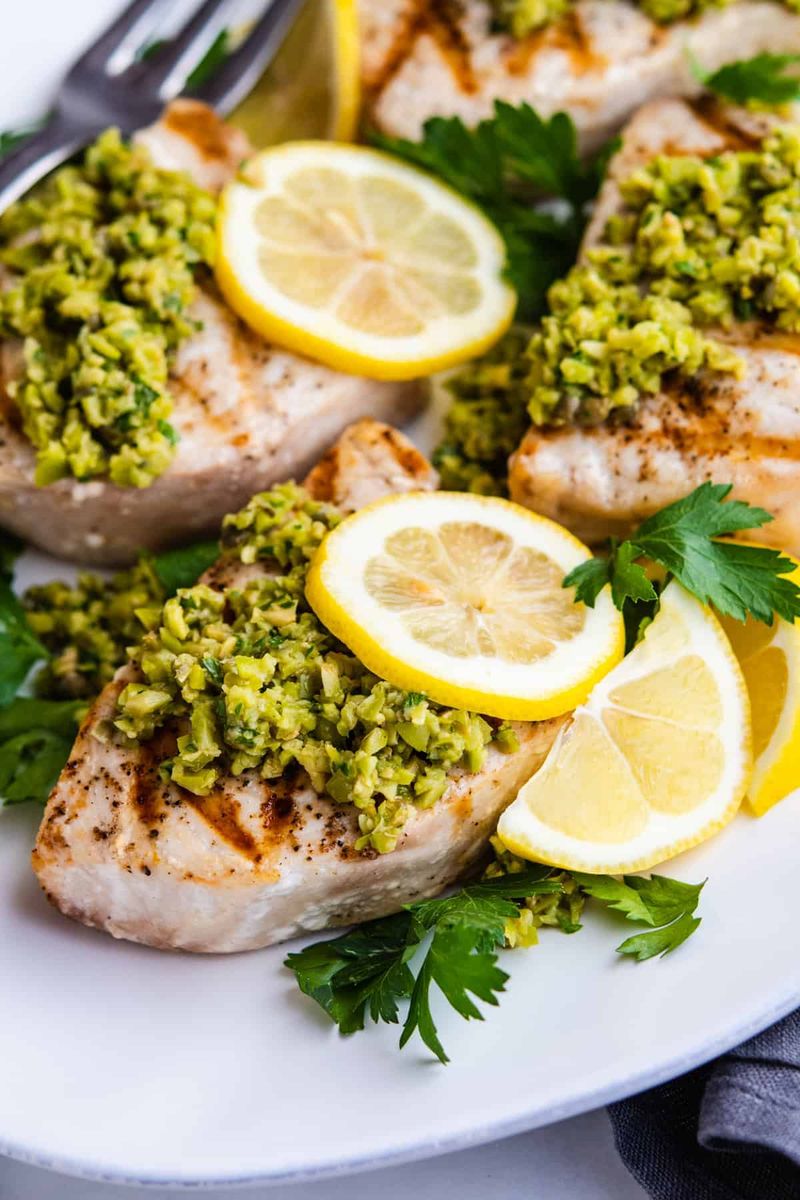 Grilled Swordfish with Olive Tapenade and Arugula