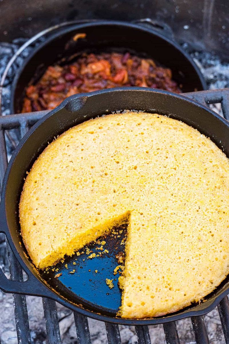 Skillet Cornbread Baked Outdoors