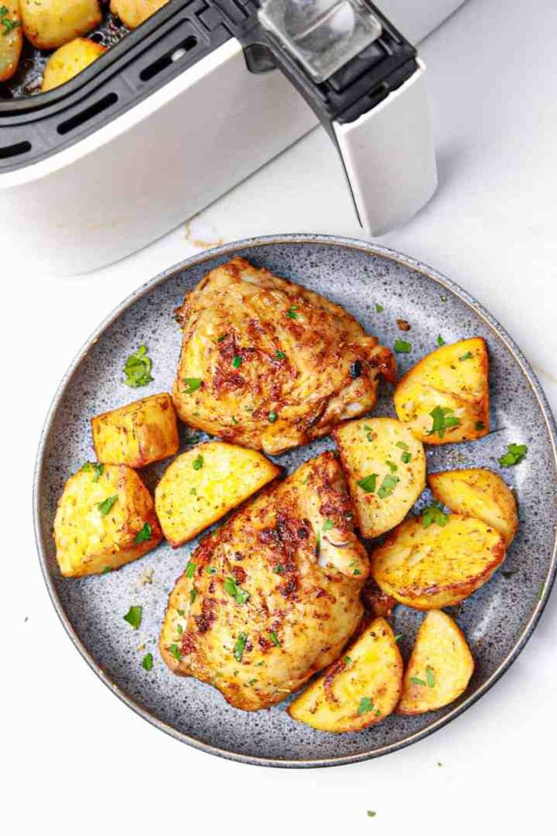 Air Fryer Chicken Thighs and Potato Wedges
