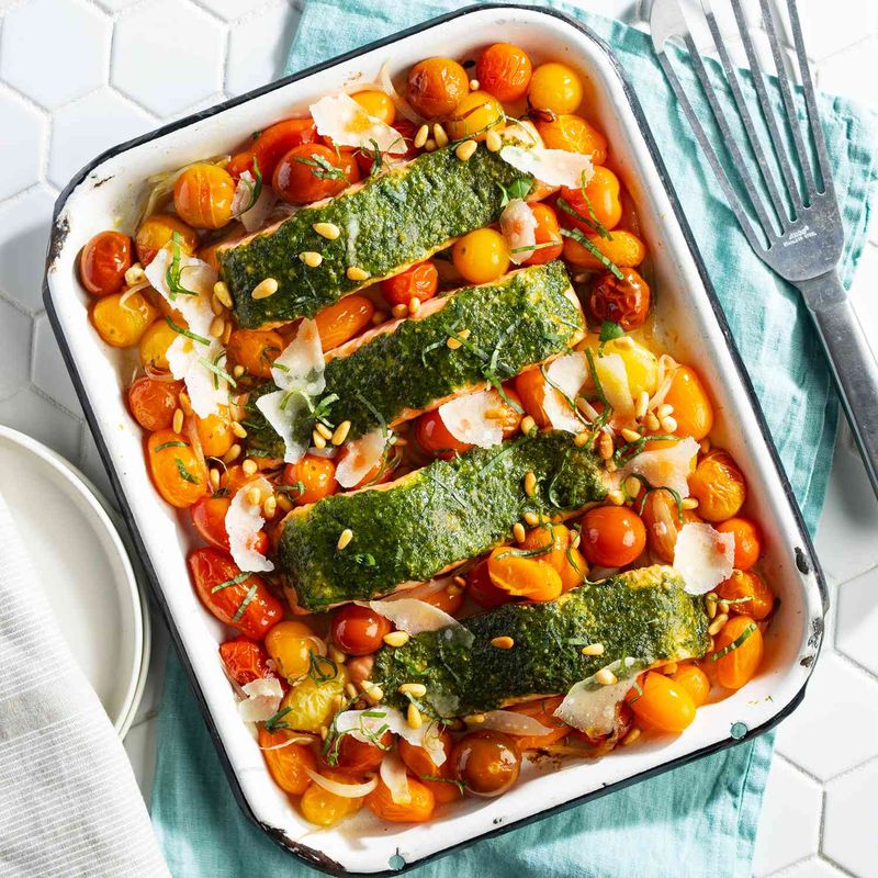 Pesto Salmon with Summer Tomatoes