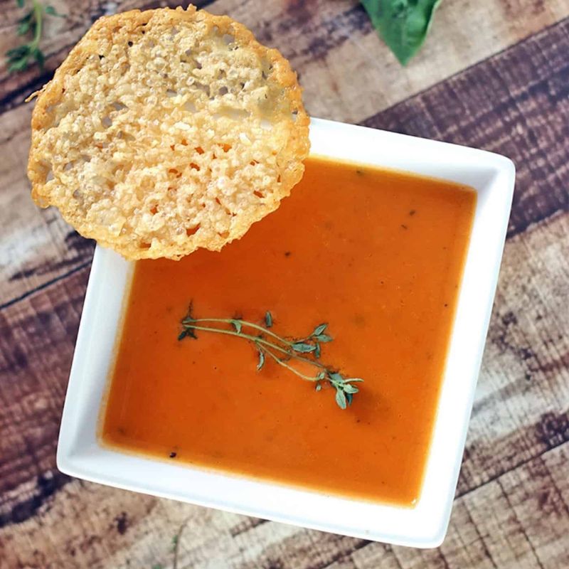 Creamy Tomato Soup with Grilled Cheese Crisps