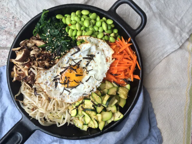 Korean Bibimbap in a Sizzling Pan