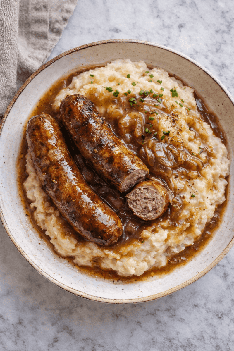 Bangers and Mash with Onion Gravy