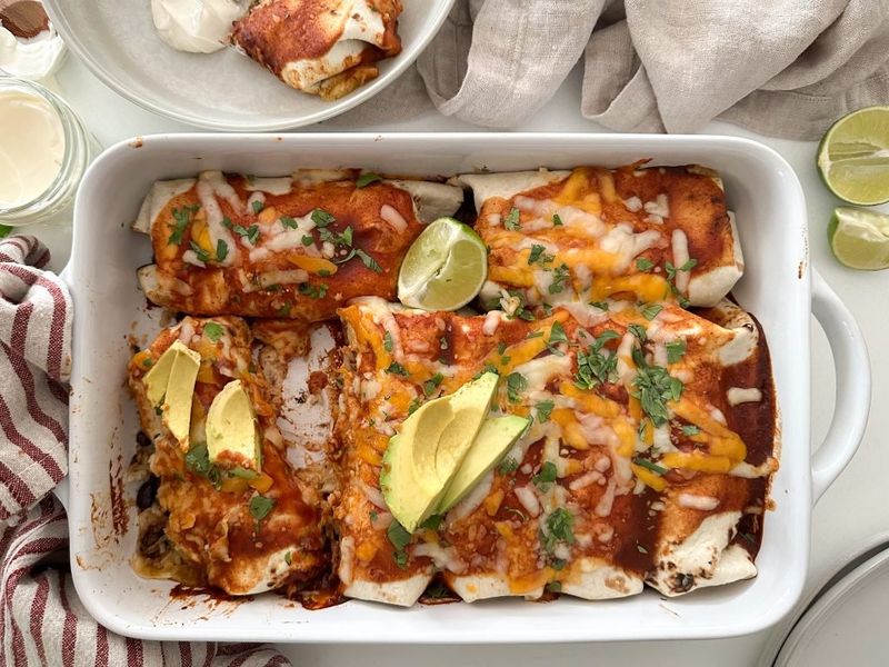 Baked Beef Burrito Under Red Sauce