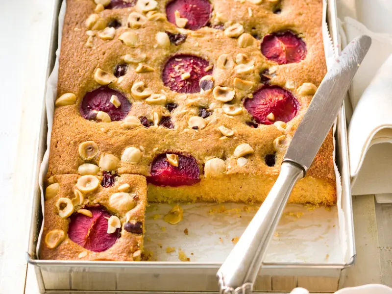 Plum and Hazelnut Tray Bake
