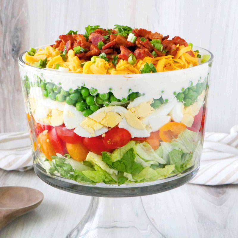 Layered Salad in a Glass Bowl